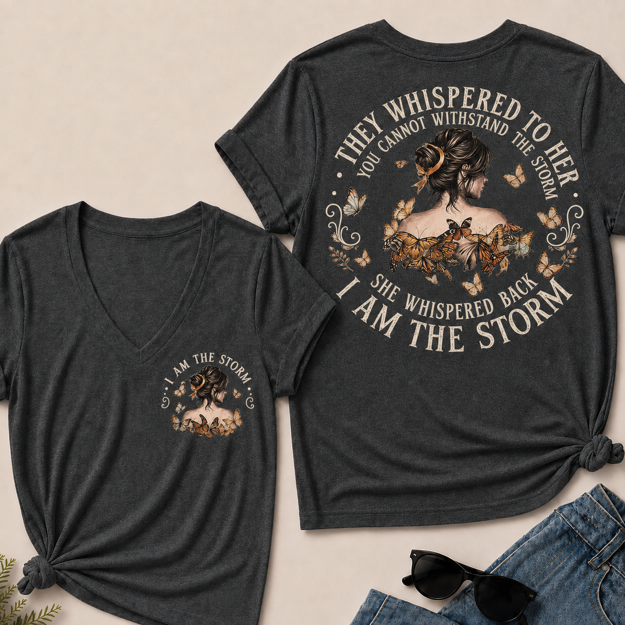 Women’s I Am The Storm V‑Neck Graphic T‑Shirt, Inspirational Butterfly Quote Short Sleeve Tee, Front & Back Print Casual Top
