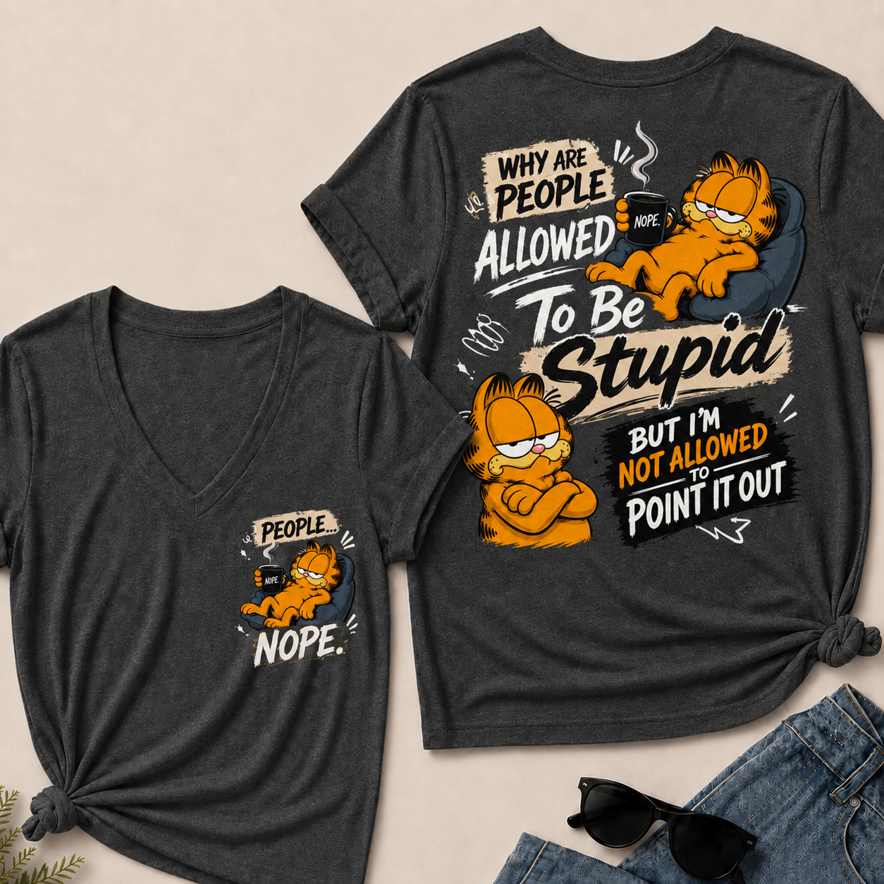 Women’s Funny Garfield V‑Neck Graphic T‑Shirt, Sarcastic Quote Short Sleeve Tee, Front & Back Print Casual Top