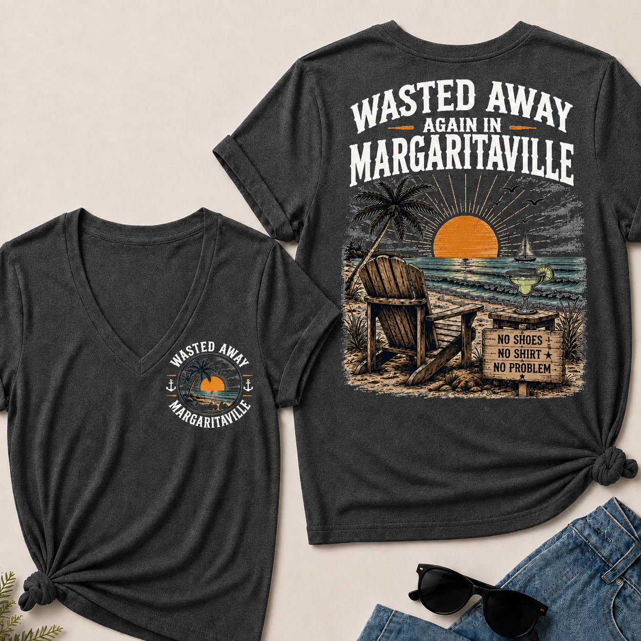 "Wasted Away Again In Margaritaville" Vintage Beach V-Neck T-Shirt | No Shoes, No Shirt, No Problem Tee