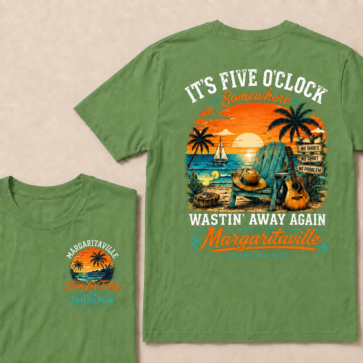 It's Five O'Clock Somewhere Wastin' Away Again In Margaritaville Parrot Guitar Sunset Beach No Shoes No Shirt No Problem Graphic T-Shirt