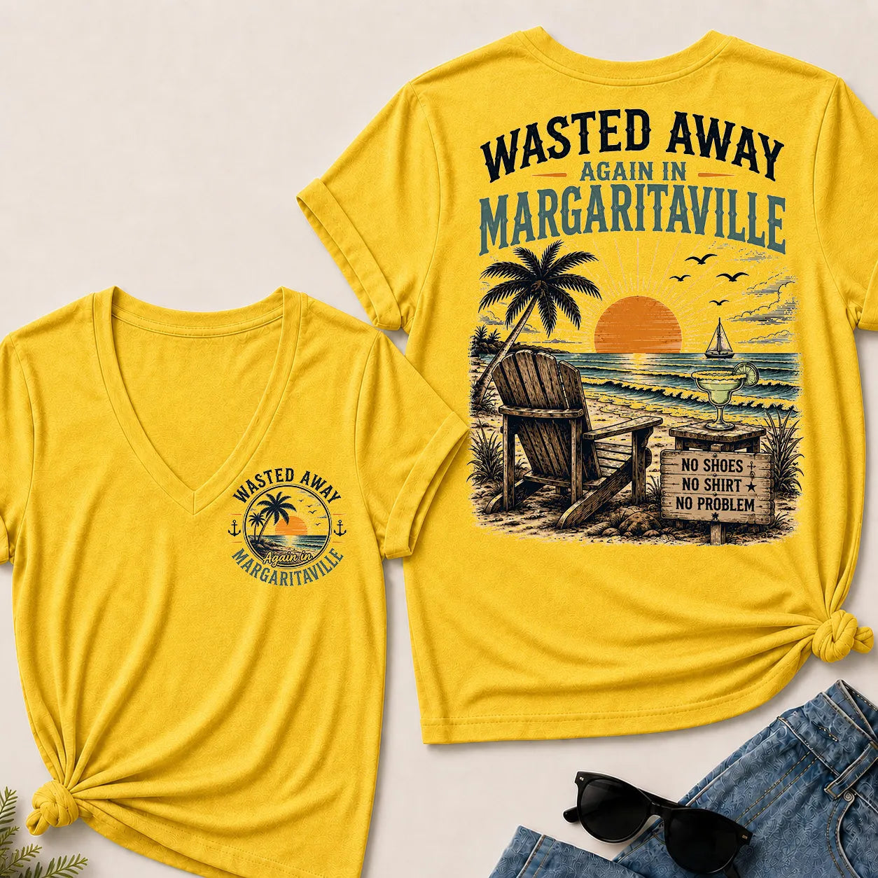 "Wasted Away Again In Margaritaville" Vintage Beach V-Neck T-Shirt | No Shoes, No Shirt, No Problem Tee