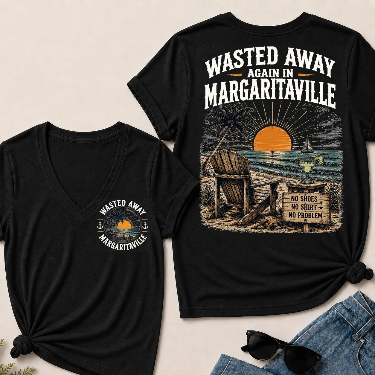 "Wasted Away Again In Margaritaville" Vintage Beach V-Neck T-Shirt | No Shoes, No Shirt, No Problem Tee