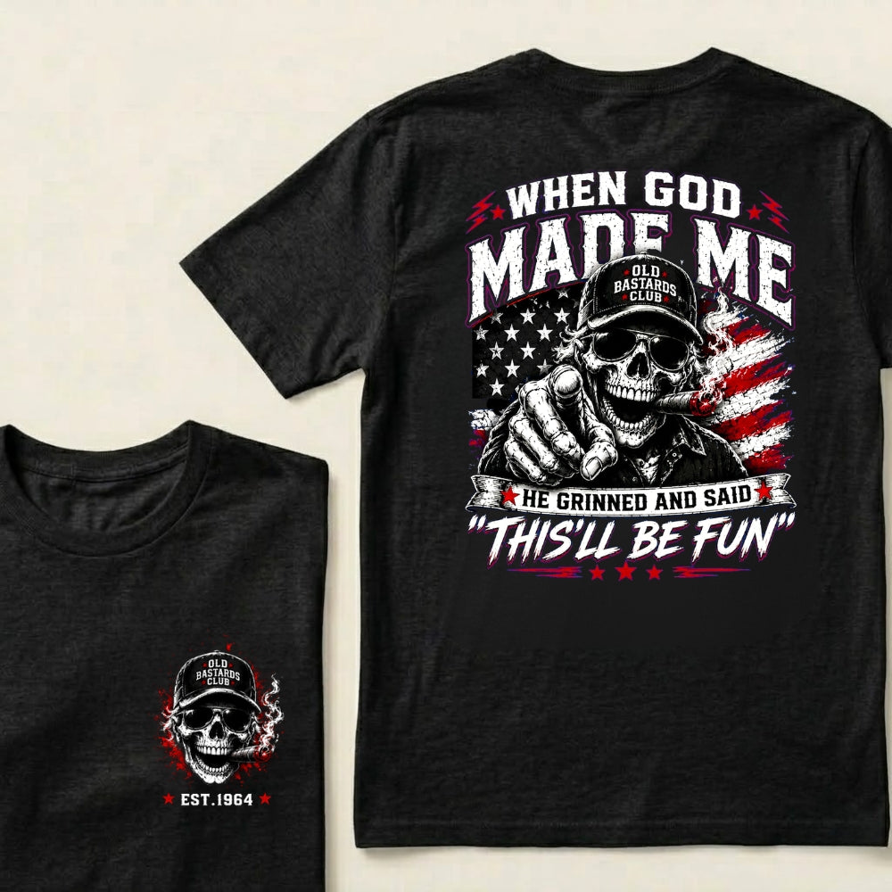 Custom EST.Year When God Made Me He Grinned And Said This'll Be Fun Old Bastards Club Skull American Flag Graphic T-Shirt
