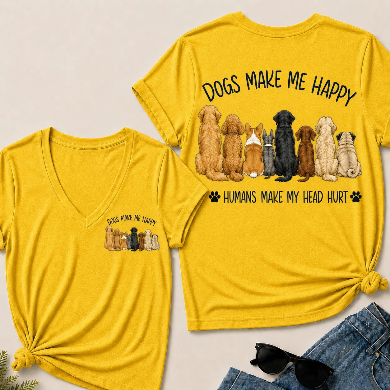 "Dogs Make Me Happy – Humans Make My Head Hurt" V-Neck Tee