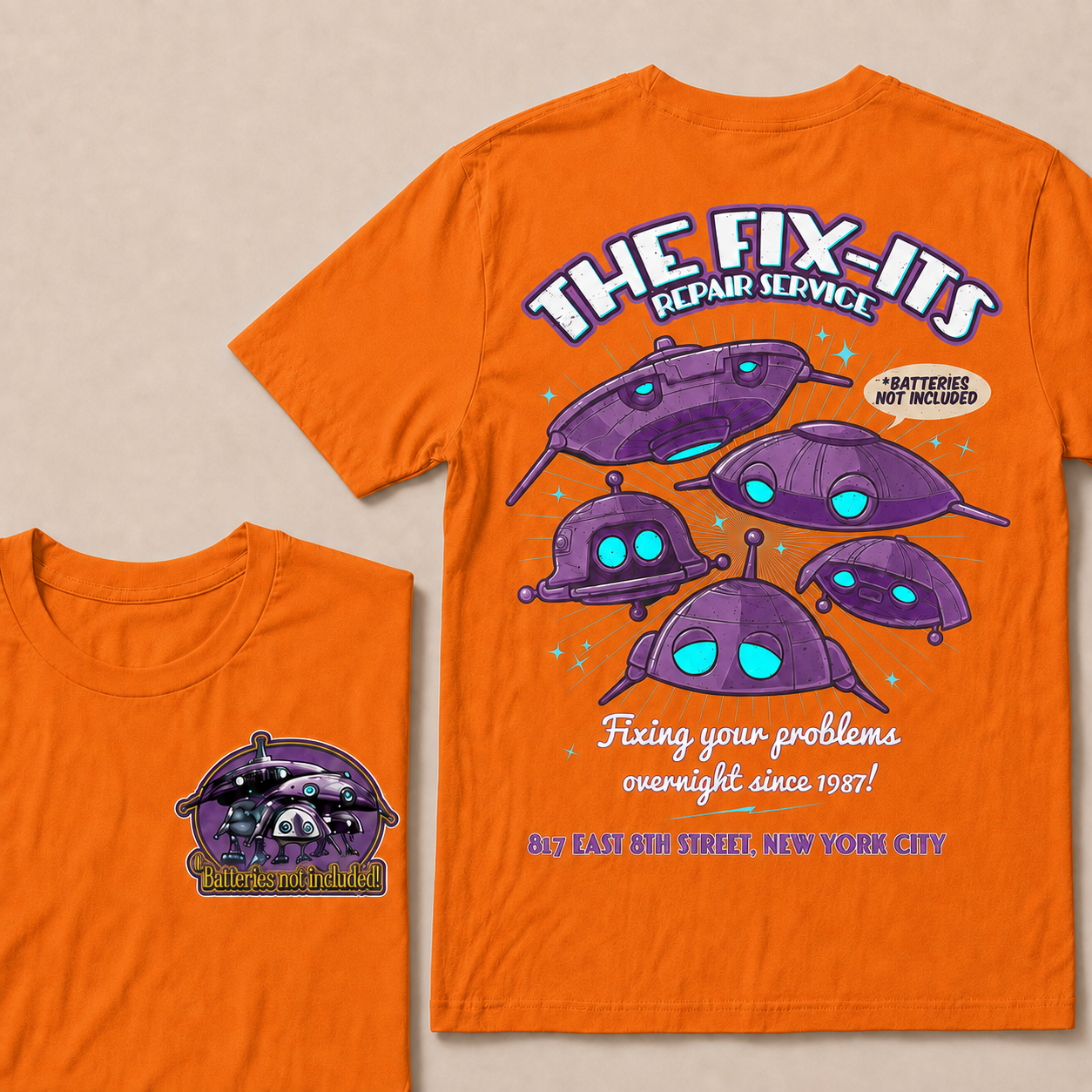 Batteries Not Included 1987 Inspired T-Shirt, The Fix-It Repair Service Retro Sci-Fi Graphic Tee, Vintage Alien Robot Movie Shirt, Unisex Gift