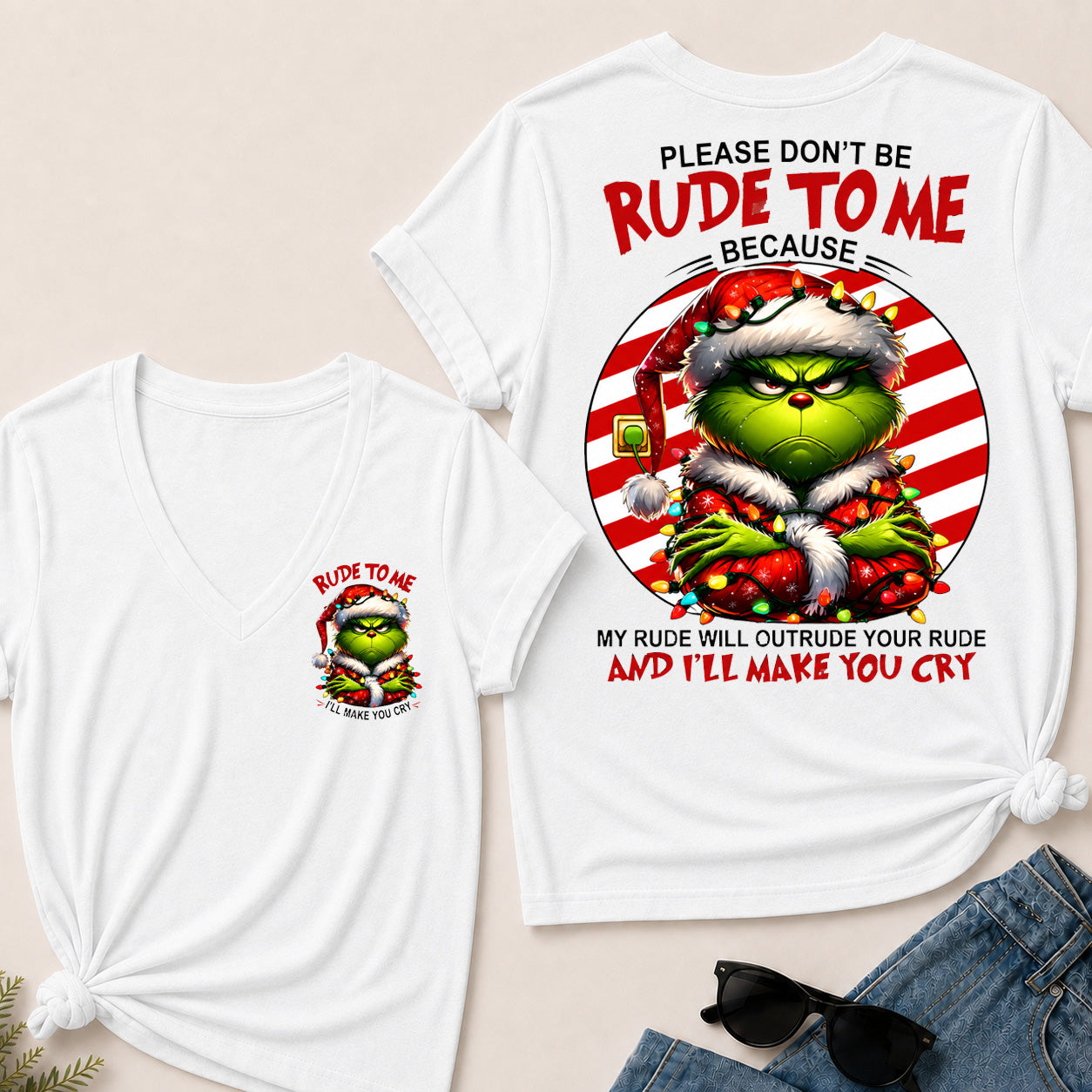 Grinch Christmas V‑Neck T‑Shirt, Please Don’t Be Rude To Me Funny Holiday Graphic Tee, Christmas Grinch Short Sleeve Top For Women