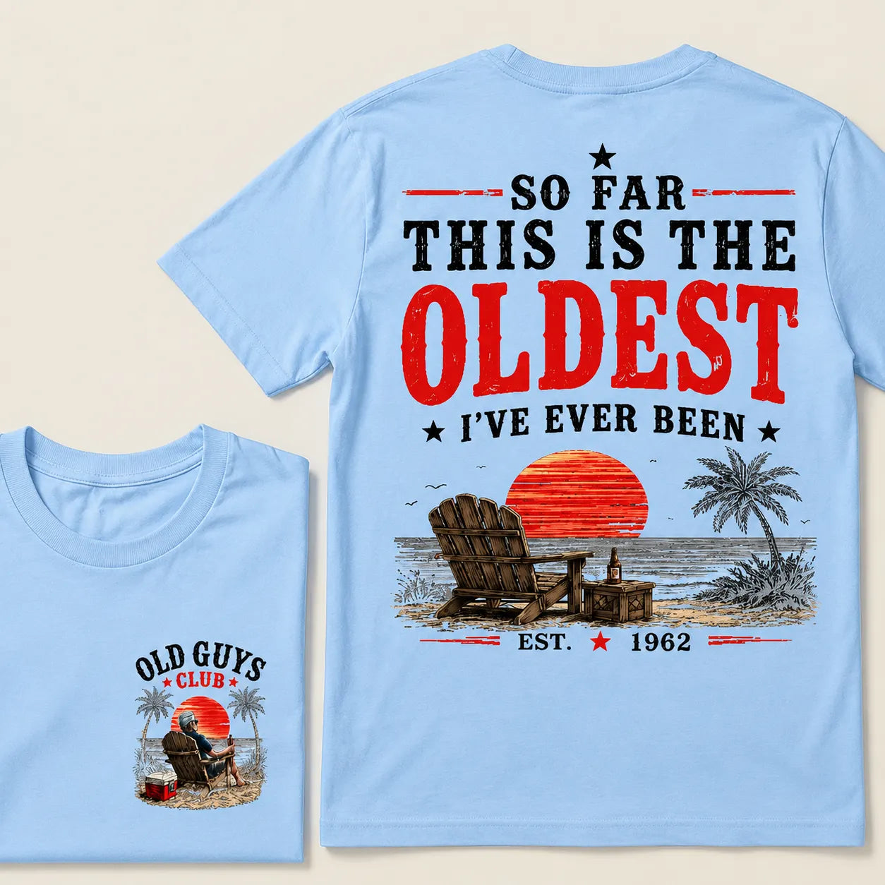 "Old Guys Club" Vintage Beach Birthday Commemorative Graphic T-Shirt
