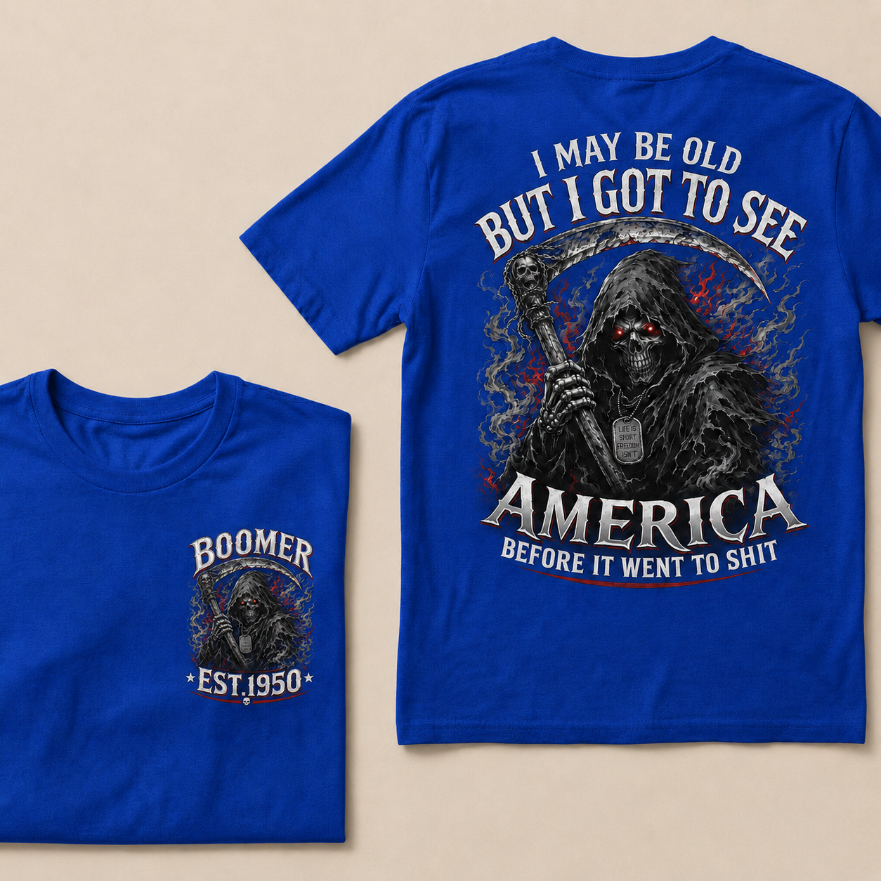 Men’s Boomer Grim Reaper Crew Neck T‑Shirt, I May Be Old I Got To See America Graphic Short Sleeve Tee, Front & Back Print Casual Top