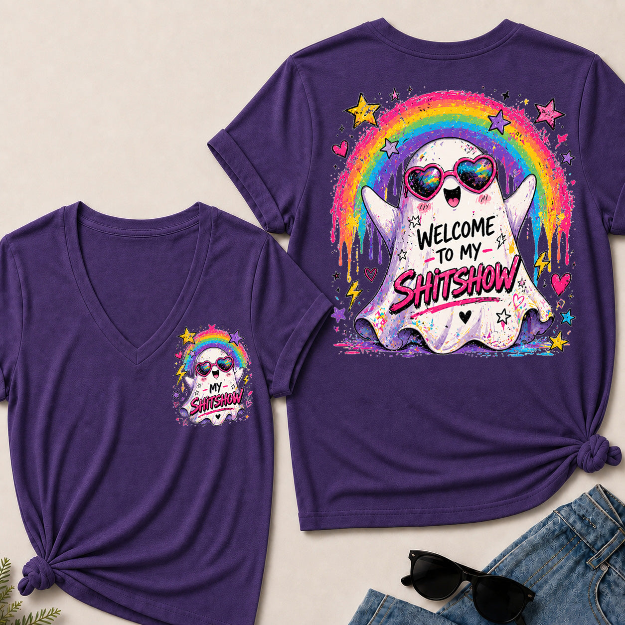Women’s Welcome To My Show V‑Neck Graphic T‑Shirt, Cute Rainbow Ghost Funny Short Sleeve Tee, Front & Back Print Casual Top