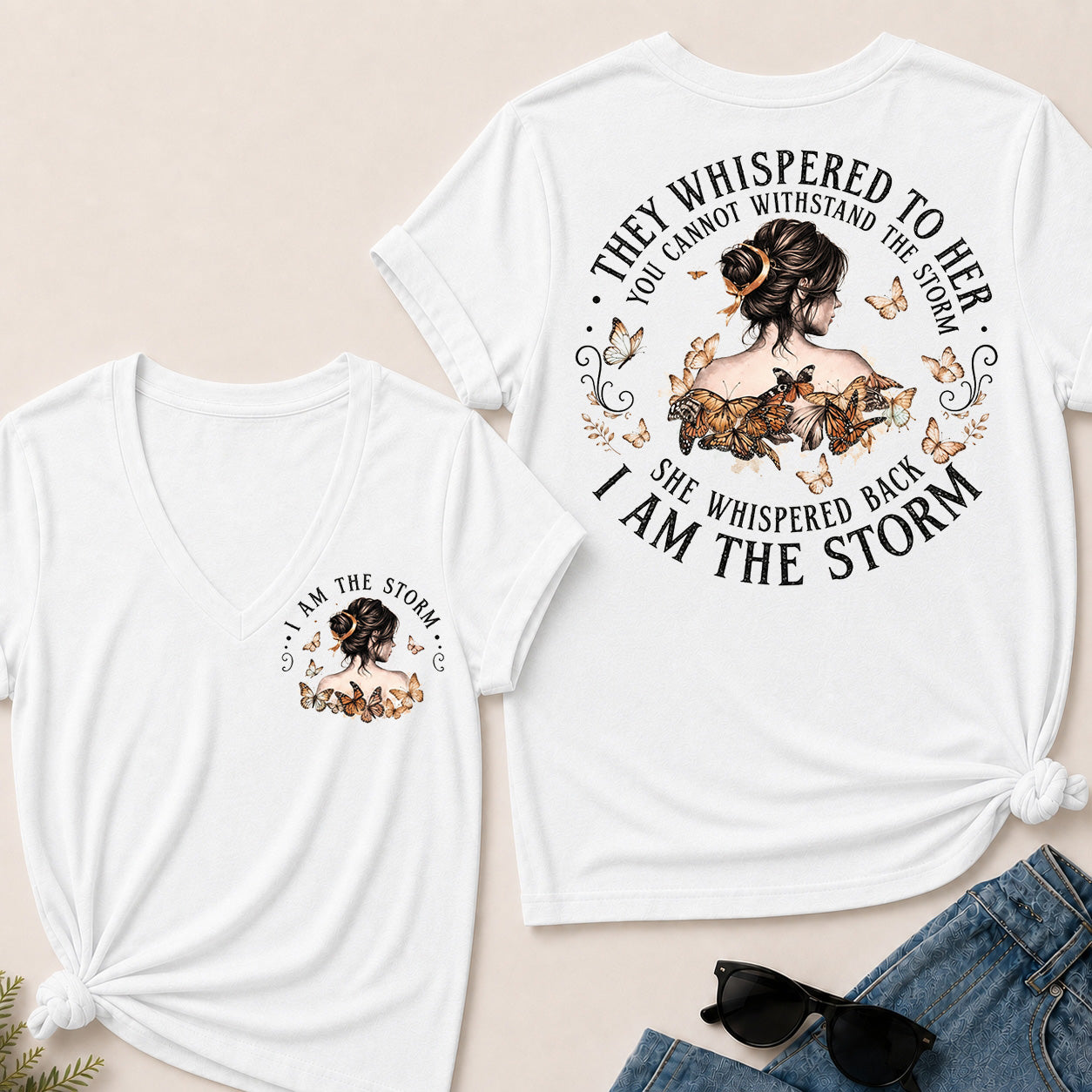 Women’s I Am The Storm V‑Neck Graphic T‑Shirt, Inspirational Butterfly Quote Short Sleeve Tee, Front & Back Print Casual Top
