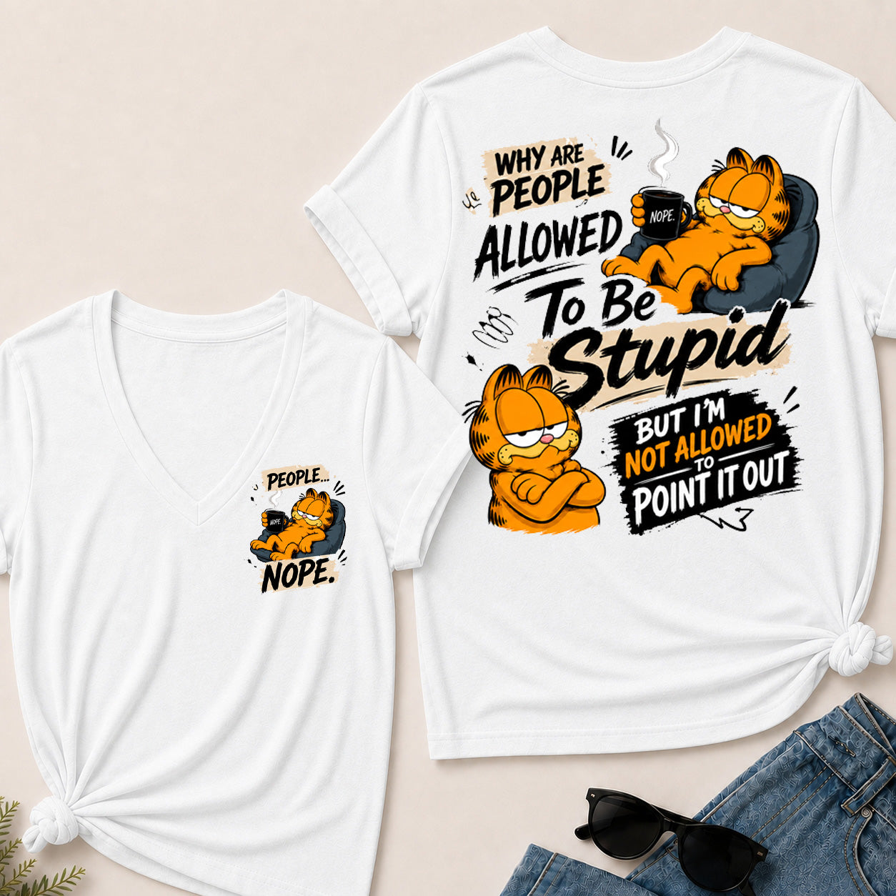 Women’s Funny Garfield V‑Neck Graphic T‑Shirt, Sarcastic Quote Short Sleeve Tee, Front & Back Print Casual Top