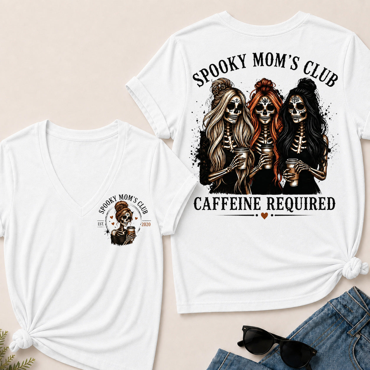 Spooky Mom’s Club V‑Neck Tee, Skeleton Halloween Caffeine Required Women’s Graphic Short Sleeve T‑Shirt