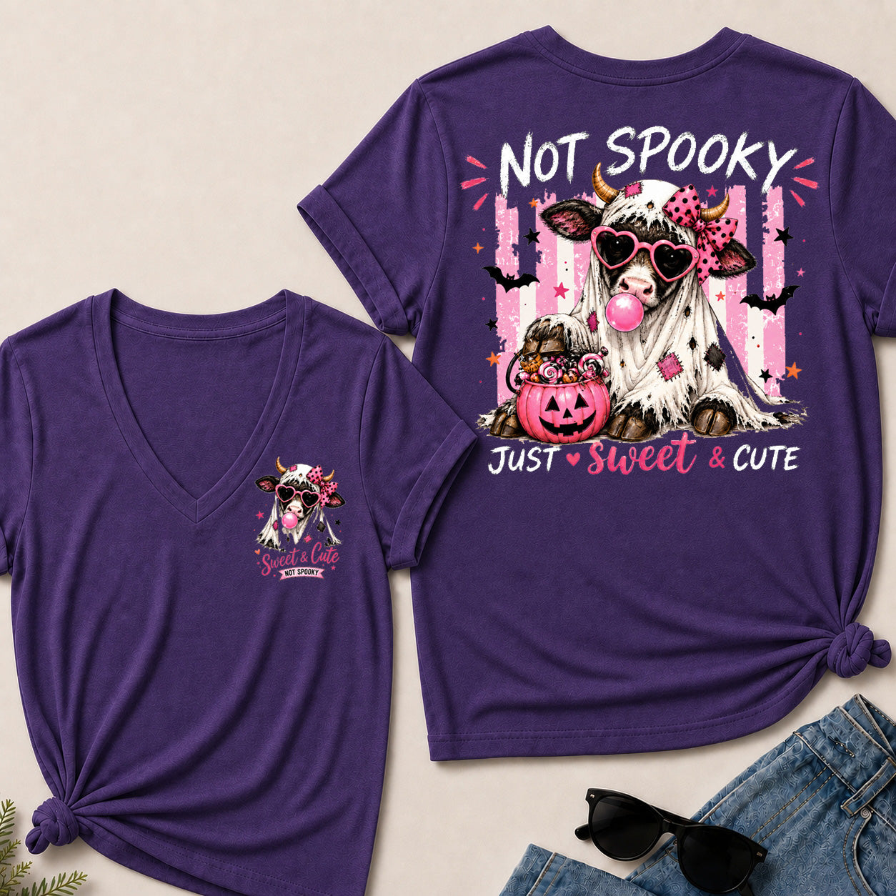 Women’s Not Spooky Just Sweet & Cute V‑Neck Graphic T‑Shirt, Cute Halloween Cow Ghost Short Sleeve Tee, Front & Back Print Casual Top