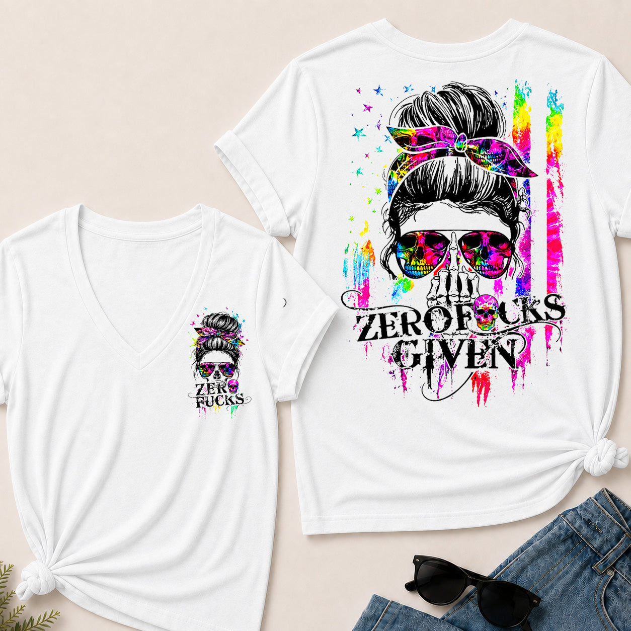 Women’s Zero Given V‑Neck Graphic T‑Shirt, Messy Bun Skull Tie Dye Rainbow Print Short Sleeve Casual Top, Front & Back Print Tee