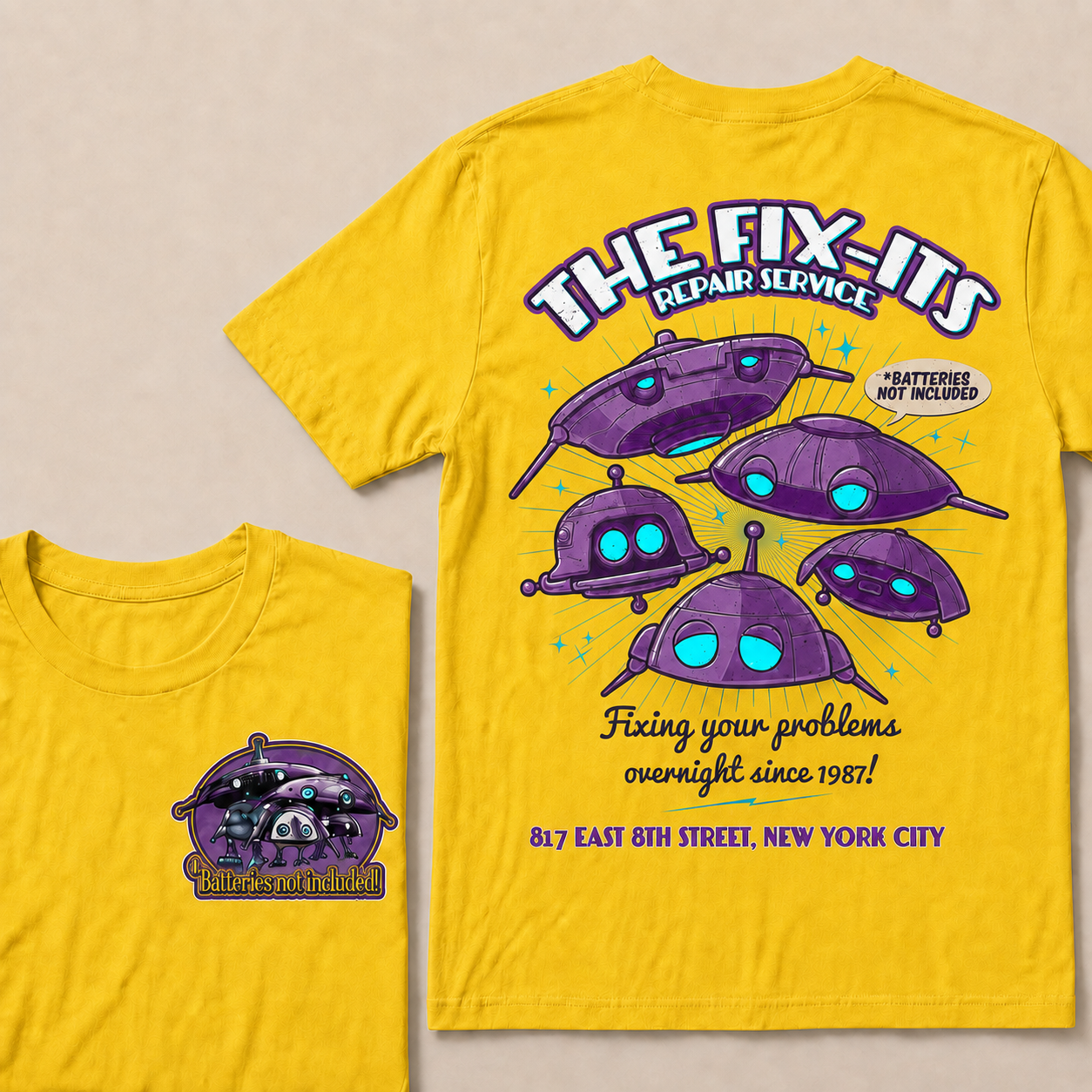 Batteries Not Included 1987 Inspired T-Shirt, The Fix-It Repair Service Retro Sci-Fi Graphic Tee, Vintage Alien Robot Movie Shirt, Unisex Gift