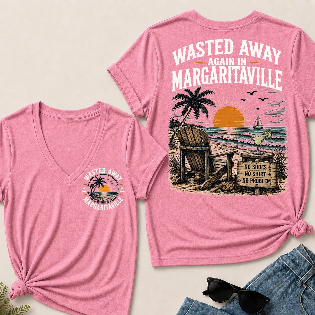 "Wasted Away Again In Margaritaville" Vintage Beach V-Neck T-Shirt | No Shoes, No Shirt, No Problem Tee