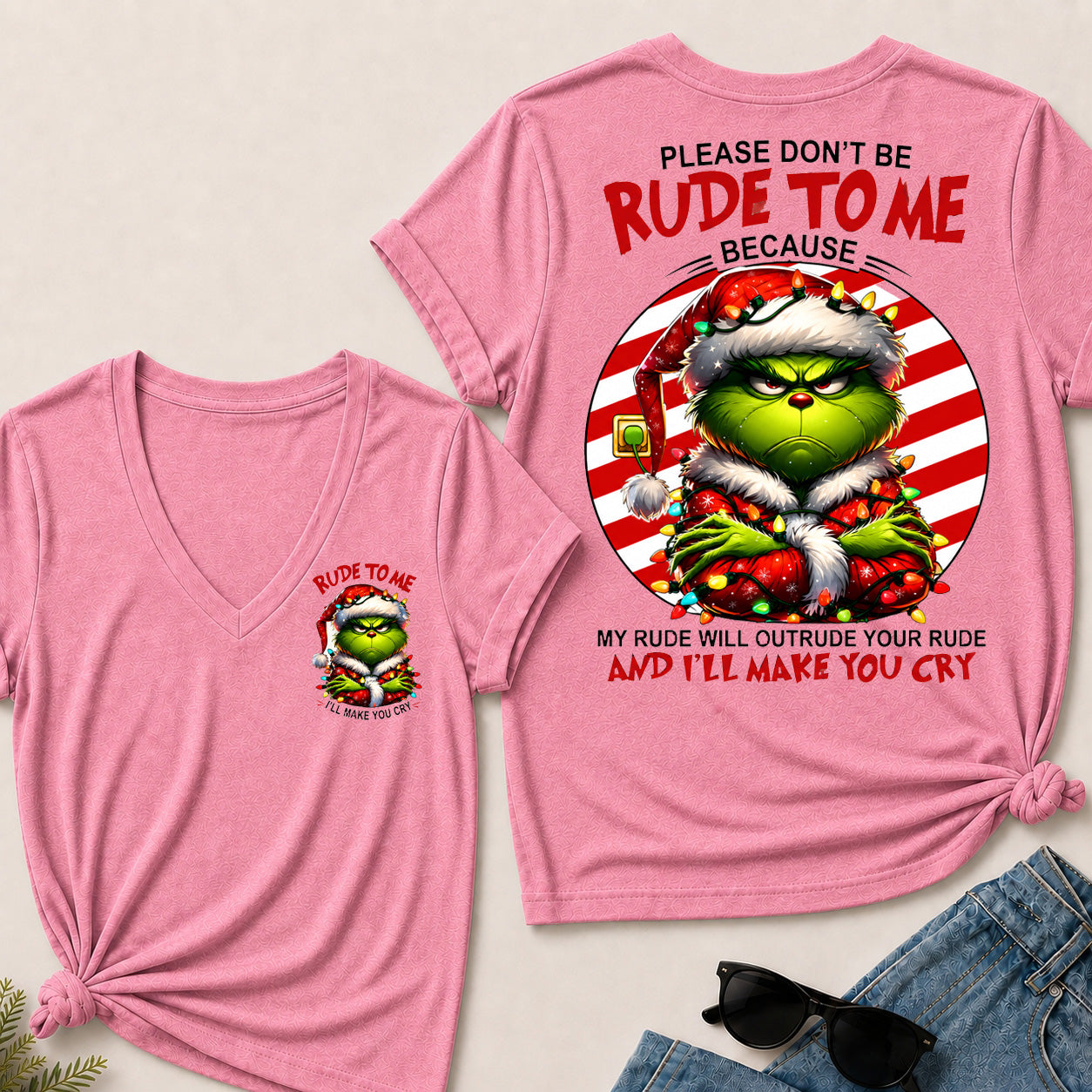 Grinch Christmas V‑Neck T‑Shirt, Please Don’t Be Rude To Me Funny Holiday Graphic Tee, Christmas Grinch Short Sleeve Top For Women