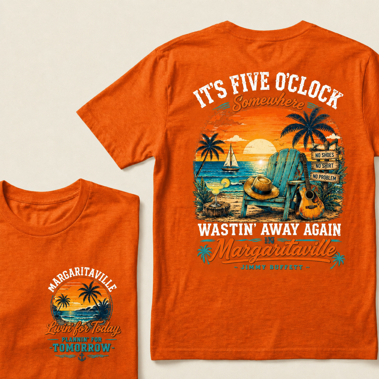 It's Five O'Clock Somewhere Wastin' Away Again In Margaritaville Parrot Guitar Sunset Beach No Shoes No Shirt No Problem Graphic T-Shirt