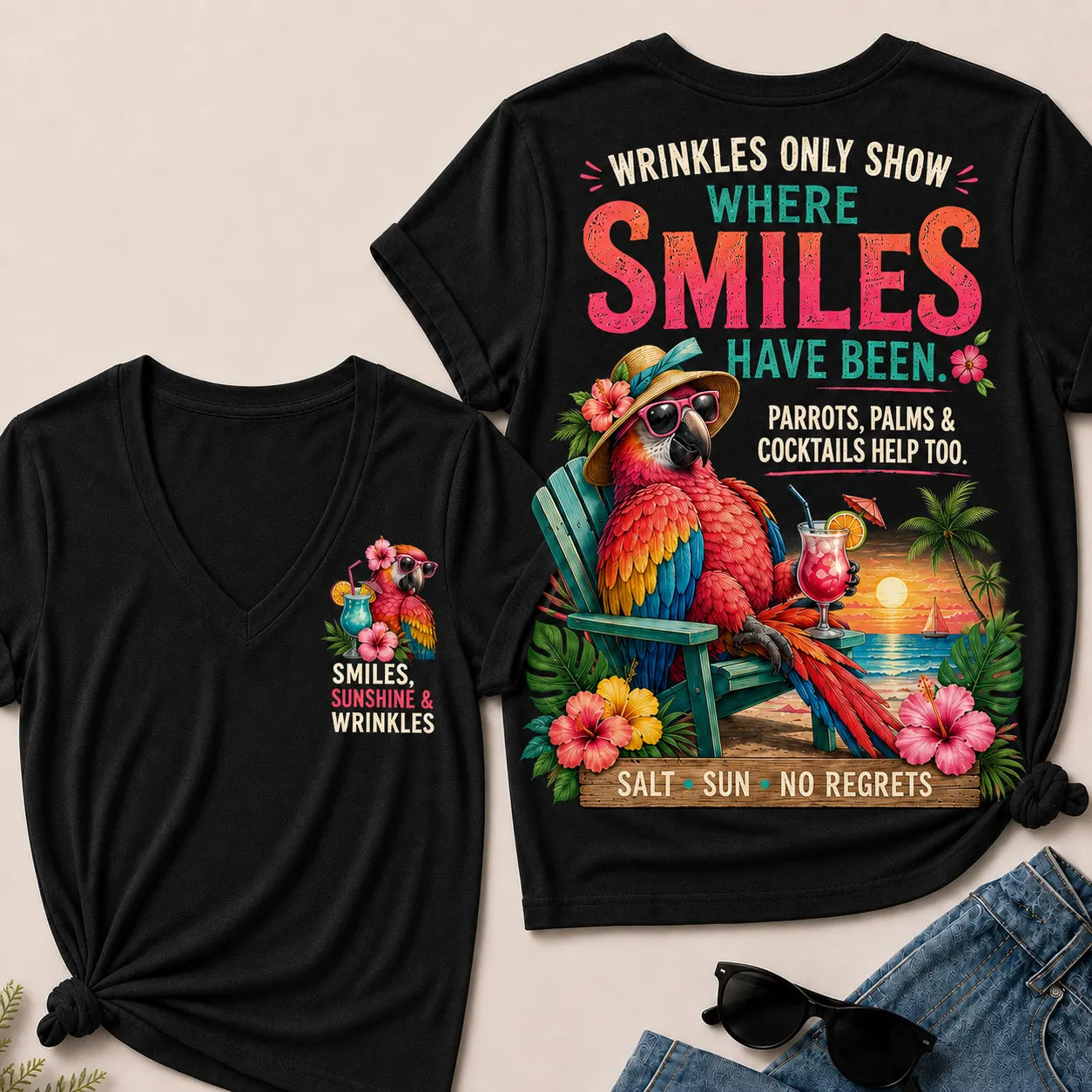 Wrinkles Only Show Where Smiles Have Been Funny Retirement V-Neck Tee For Women – Tropical Parrot Beach Vacation Graphic V-Neck Tee