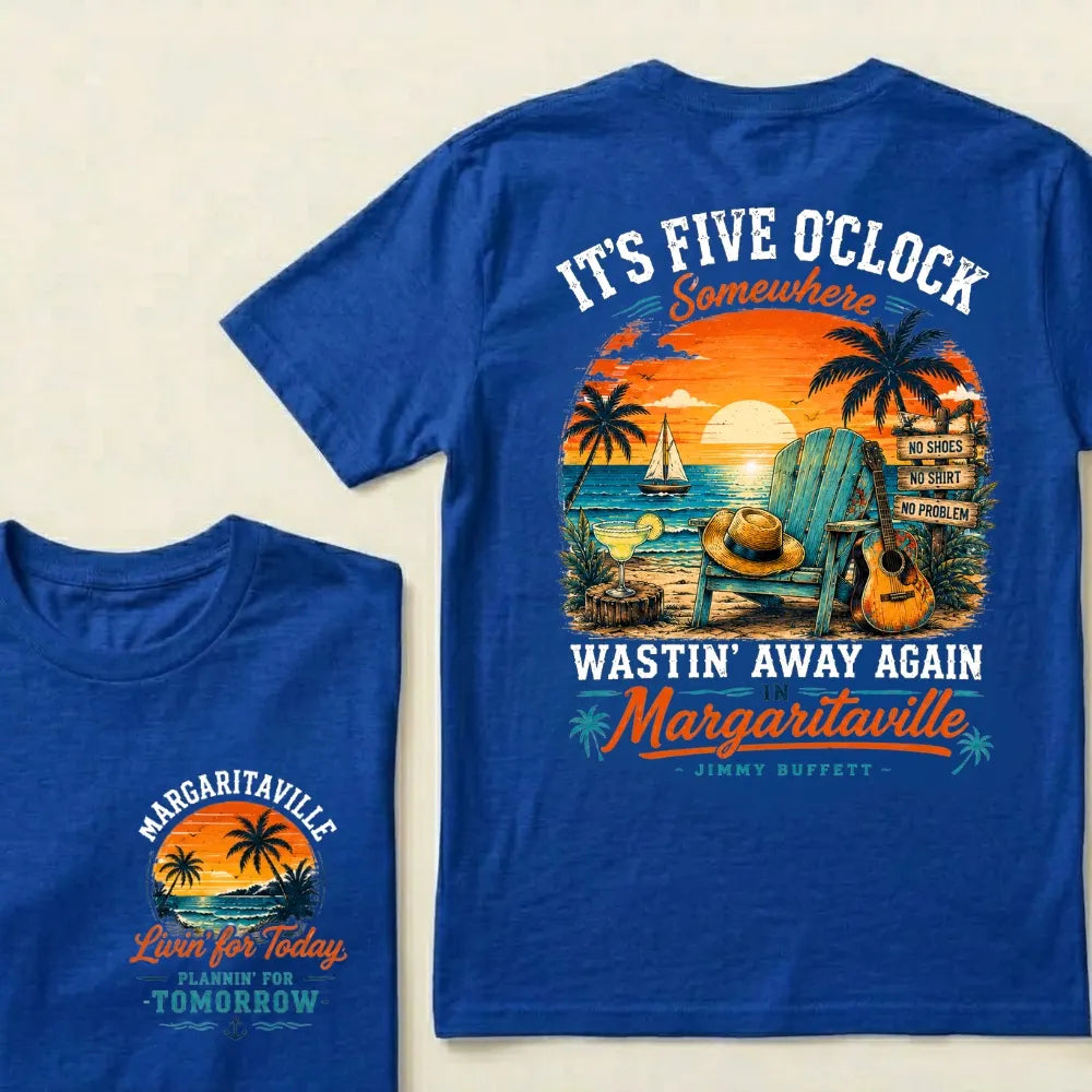 It's Five O'Clock Somewhere Wastin' Away Again In Margaritaville Parrot Guitar Sunset Beach No Shoes No Shirt No Problem Graphic T-Shirt