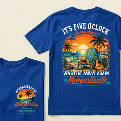 It's Five O'Clock Somewhere Wastin' Away Again In Margaritaville Parrot Guitar Sunset Beach No Shoes No Shirt No Problem Graphic T-Shirt