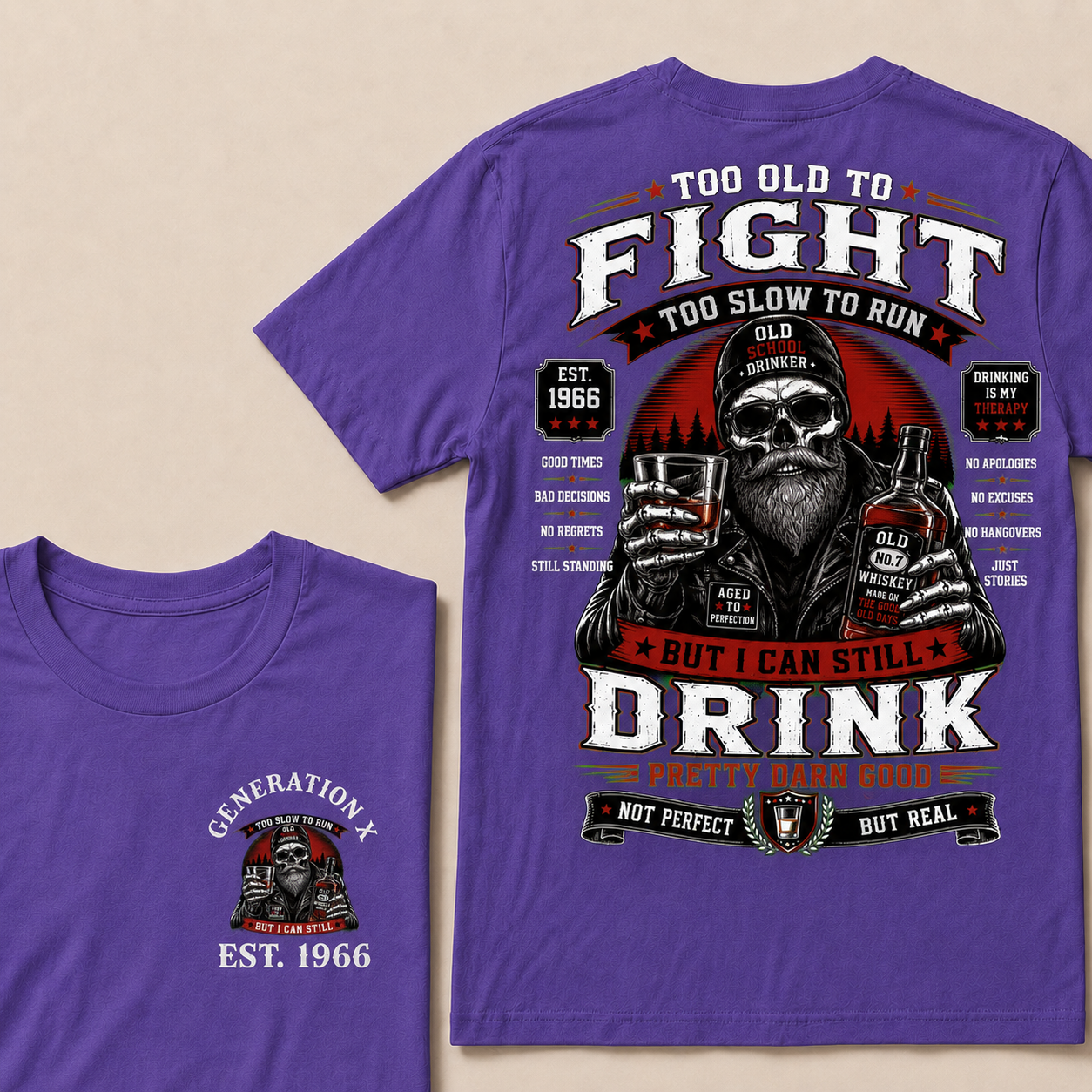 Custom EST.Year Too Old To Fight Too Slow To Run But I Can Still Drink Old School Drinker Graphic T-Shirt