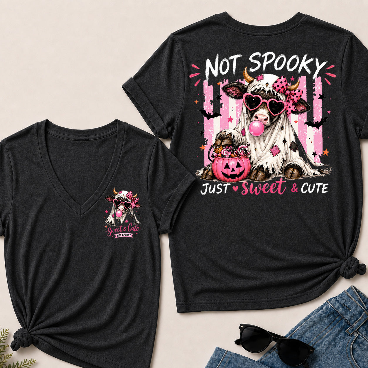 Women’s Not Spooky Just Sweet & Cute V‑Neck Graphic T‑Shirt, Cute Halloween Cow Ghost Short Sleeve Tee, Front & Back Print Casual Top