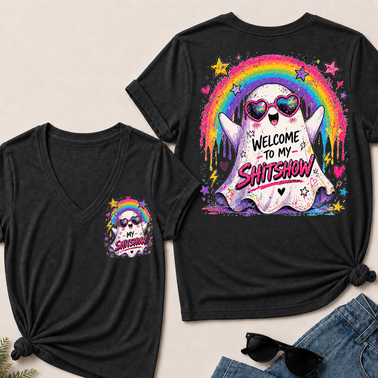 Women’s Welcome To My Show V‑Neck Graphic T‑Shirt, Cute Rainbow Ghost Funny Short Sleeve Tee, Front & Back Print Casual Top