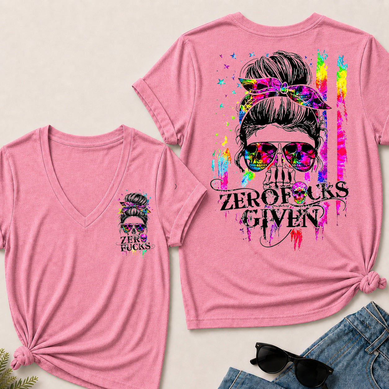 Women’s Zero Given V‑Neck Graphic T‑Shirt, Messy Bun Skull Tie Dye Rainbow Print Short Sleeve Casual Top, Front & Back Print Tee