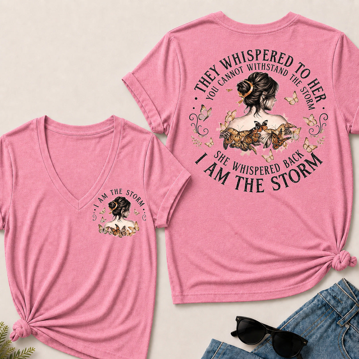 Women’s I Am The Storm V‑Neck Graphic T‑Shirt, Inspirational Butterfly Quote Short Sleeve Tee, Front & Back Print Casual Top