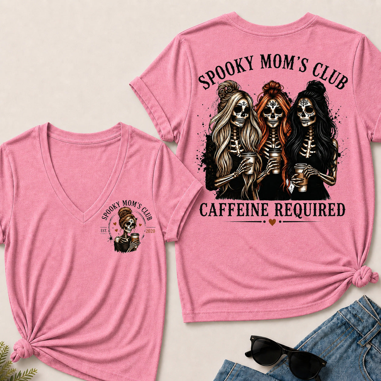 Spooky Mom’s Club V‑Neck Tee, Skeleton Halloween Caffeine Required Women’s Graphic Short Sleeve T‑Shirt