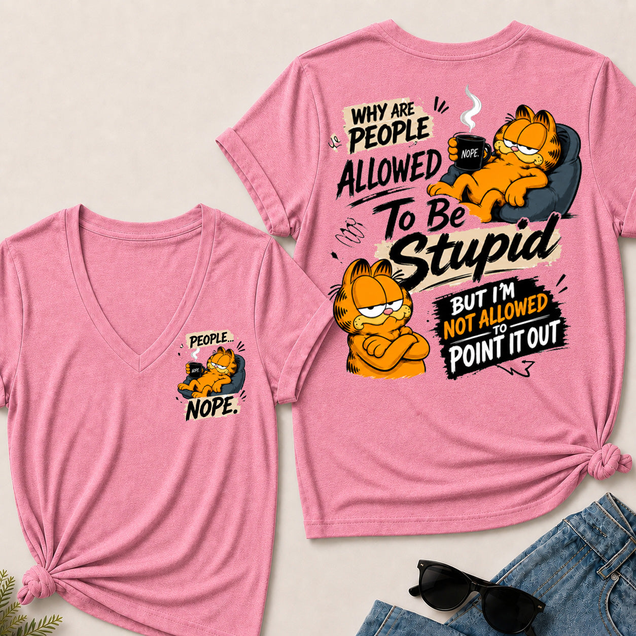 Women’s Funny Garfield V‑Neck Graphic T‑Shirt, Sarcastic Quote Short Sleeve Tee, Front & Back Print Casual Top