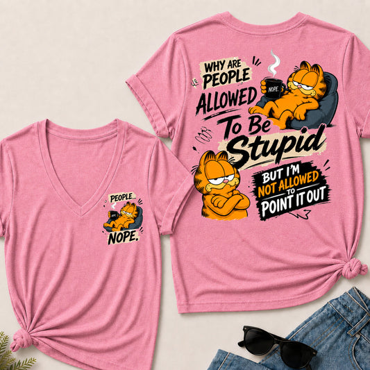 Women’s Funny Garfield V‑Neck Graphic T‑Shirt, Sarcastic Quote Short Sleeve Tee, Front & Back Print Casual Top