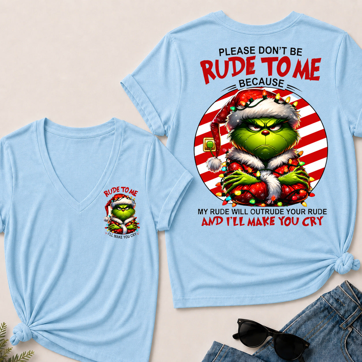 Grinch Christmas V‑Neck T‑Shirt, Please Don’t Be Rude To Me Funny Holiday Graphic Tee, Christmas Grinch Short Sleeve Top For Women