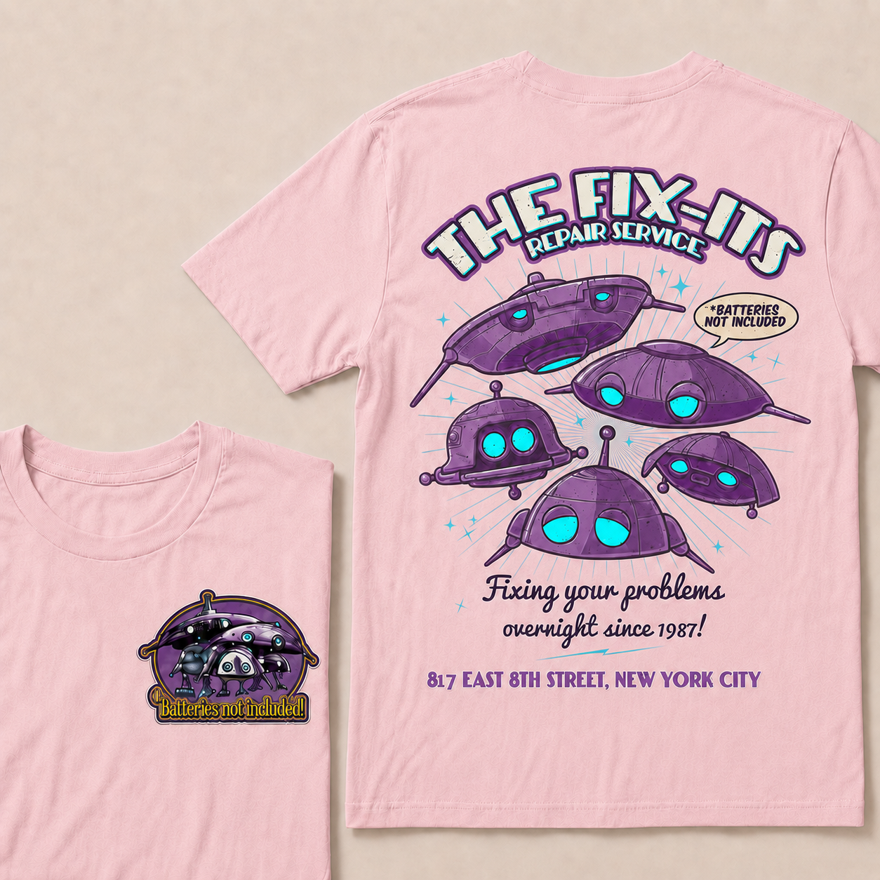 Batteries Not Included 1987 Inspired T-Shirt, The Fix-It Repair Service Retro Sci-Fi Graphic Tee, Vintage Alien Robot Movie Shirt, Unisex Gift