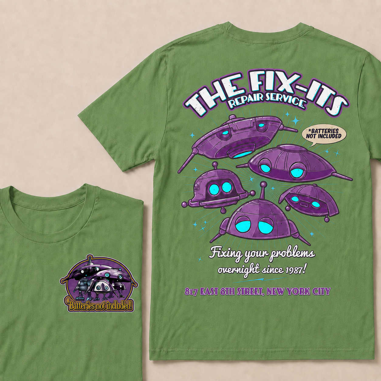 Batteries Not Included 1987 Inspired T-Shirt, The Fix-It Repair Service Retro Sci-Fi Graphic Tee, Vintage Alien Robot Movie Shirt, Unisex Gift