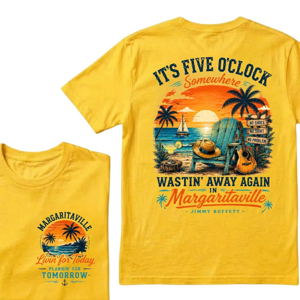 It's Five O'Clock Somewhere Wastin' Away Again In Margaritaville Parrot Guitar Sunset Beach No Shoes No Shirt No Problem Graphic T-Shirt