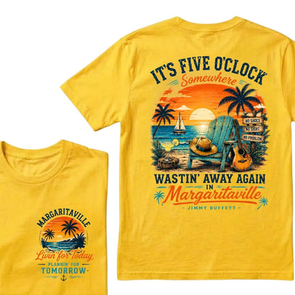 It's Five O'Clock Somewhere Wastin' Away Again In Margaritaville Parrot Guitar Sunset Beach No Shoes No Shirt No Problem Graphic T-Shirt