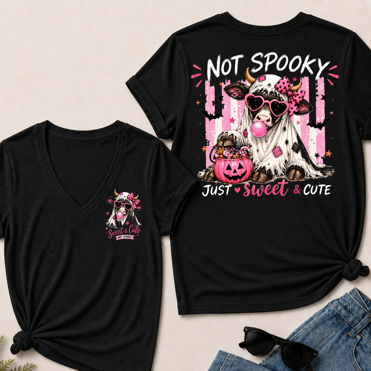 Women’s Not Spooky Just Sweet & Cute V‑Neck Graphic T‑Shirt, Cute Halloween Cow Ghost Short Sleeve Tee, Front & Back Print Casual Top