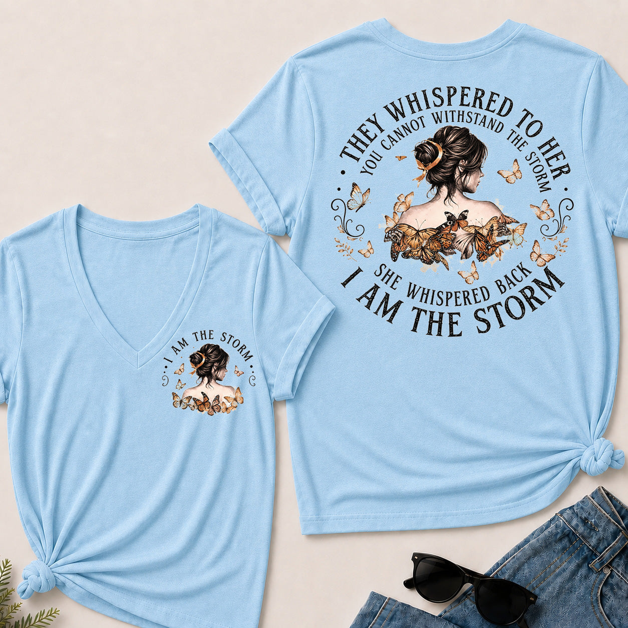 Women’s I Am The Storm V‑Neck Graphic T‑Shirt, Inspirational Butterfly Quote Short Sleeve Tee, Front & Back Print Casual Top