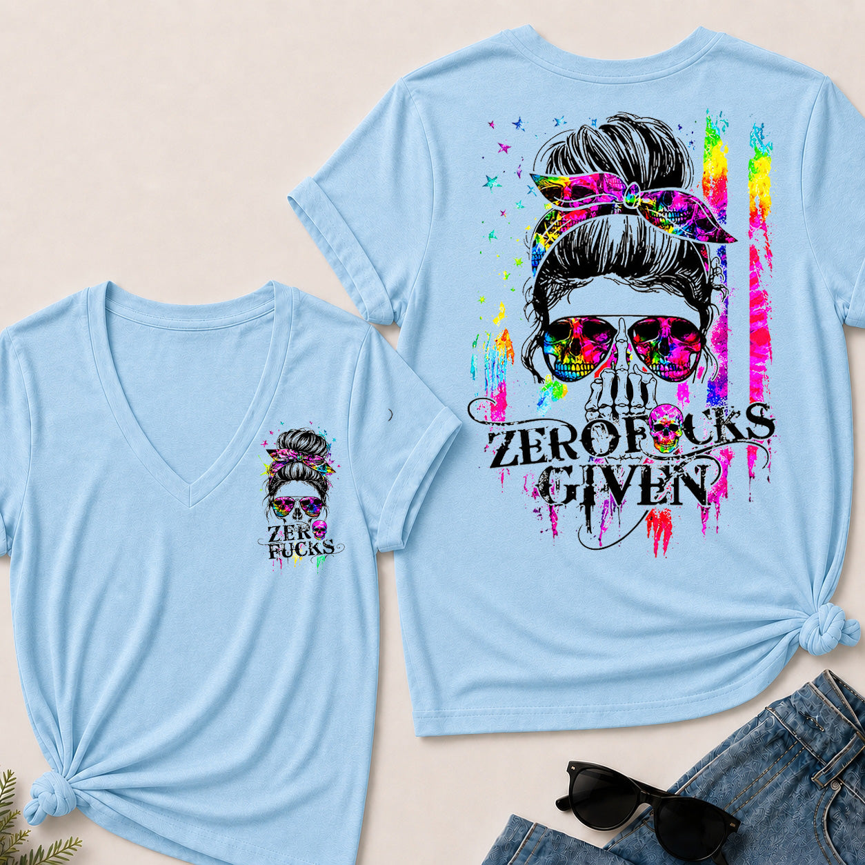 Women’s Zero Given V‑Neck Graphic T‑Shirt, Messy Bun Skull Tie Dye Rainbow Print Short Sleeve Casual Top, Front & Back Print Tee