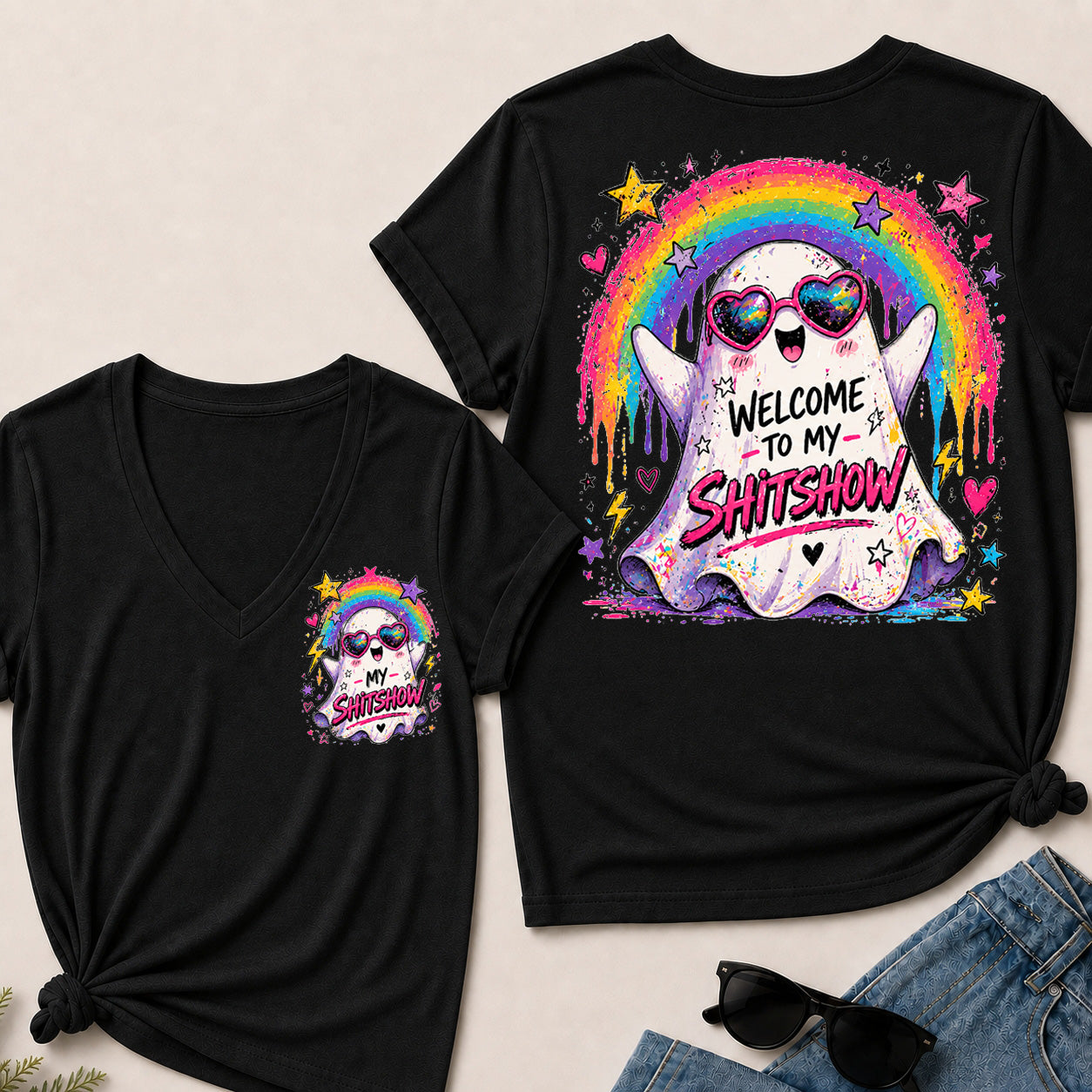 Women’s Welcome To My Show V‑Neck Graphic T‑Shirt, Cute Rainbow Ghost Funny Short Sleeve Tee, Front & Back Print Casual Top