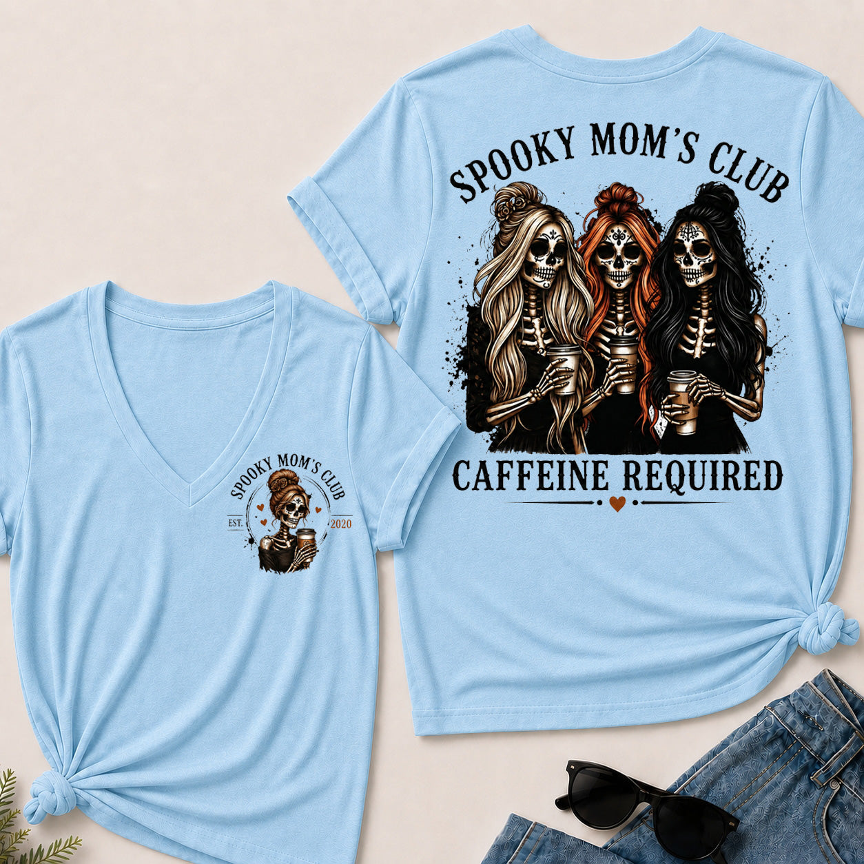 Spooky Mom’s Club V‑Neck Tee, Skeleton Halloween Caffeine Required Women’s Graphic Short Sleeve T‑Shirt