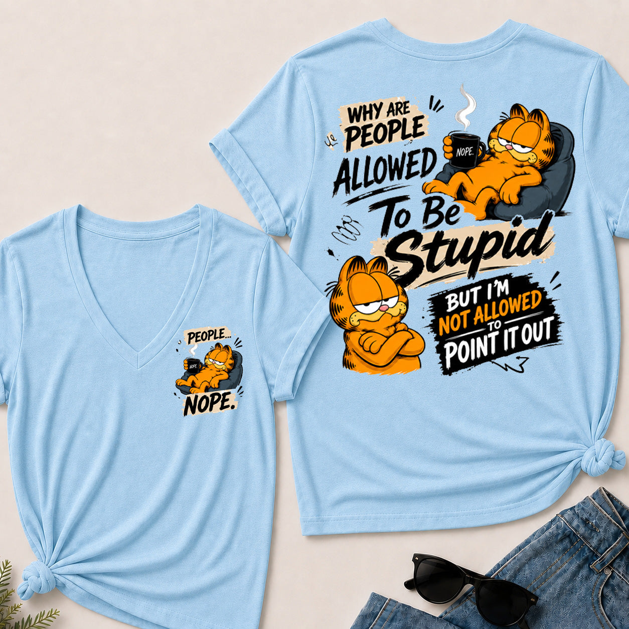 Women’s Funny Garfield V‑Neck Graphic T‑Shirt, Sarcastic Quote Short Sleeve Tee, Front & Back Print Casual Top