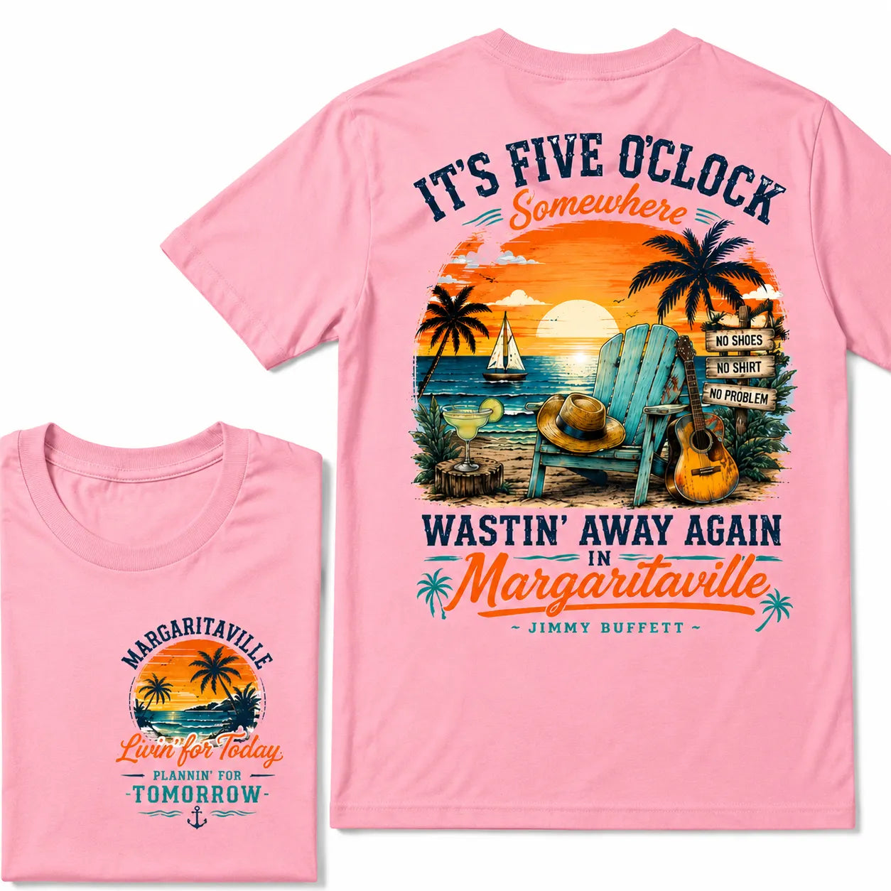 It's Five O'Clock Somewhere Wastin' Away Again In Margaritaville Parrot Guitar Sunset Beach No Shoes No Shirt No Problem Graphic T-Shirt