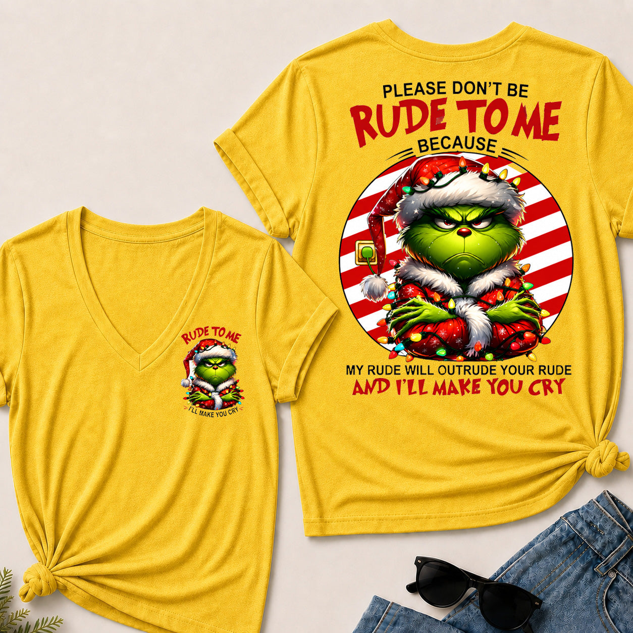 Grinch Christmas V‑Neck T‑Shirt, Please Don’t Be Rude To Me Funny Holiday Graphic Tee, Christmas Grinch Short Sleeve Top For Women