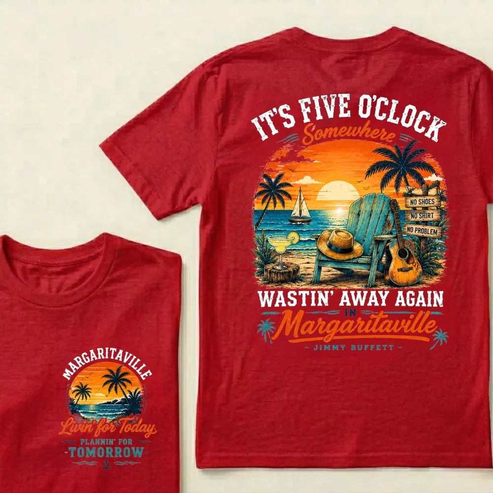 It's Five O'Clock Somewhere Wastin' Away Again In Margaritaville Parrot Guitar Sunset Beach No Shoes No Shirt No Problem Graphic T-Shirt