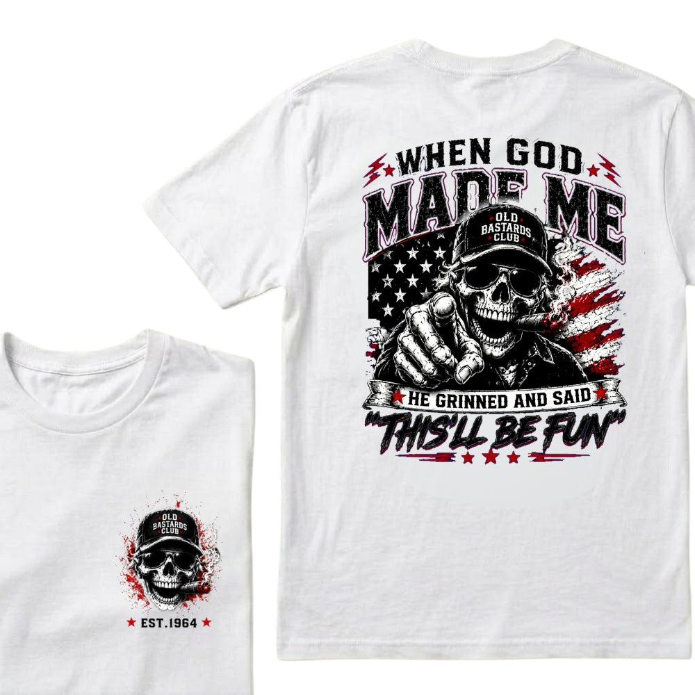 Custom EST.Year When God Made Me He Grinned And Said This'll Be Fun Old Bastards Club Skull American Flag Graphic T-Shirt