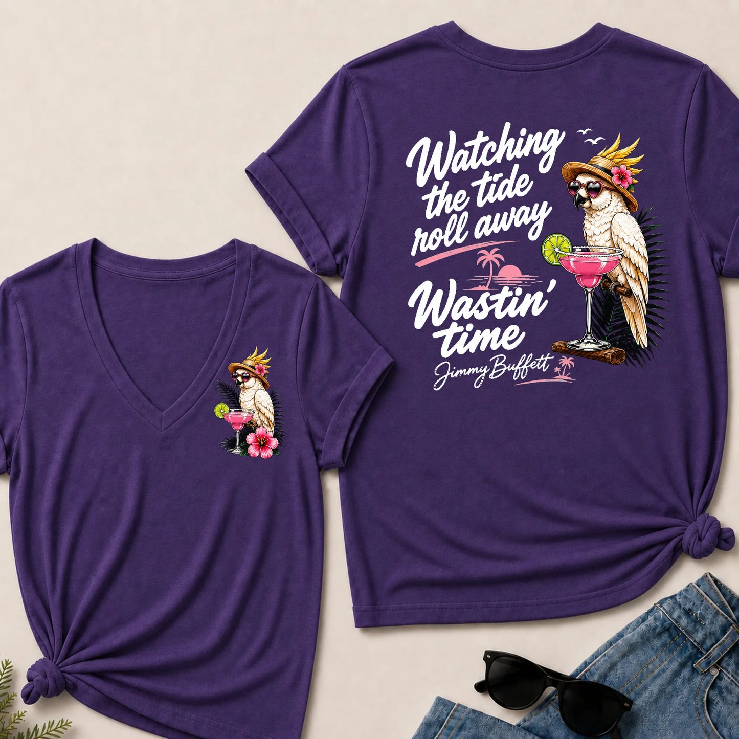 Watching The Tide Roll Away Wastin' Time Jimmy Buffett V‑Neck T‑Shirt