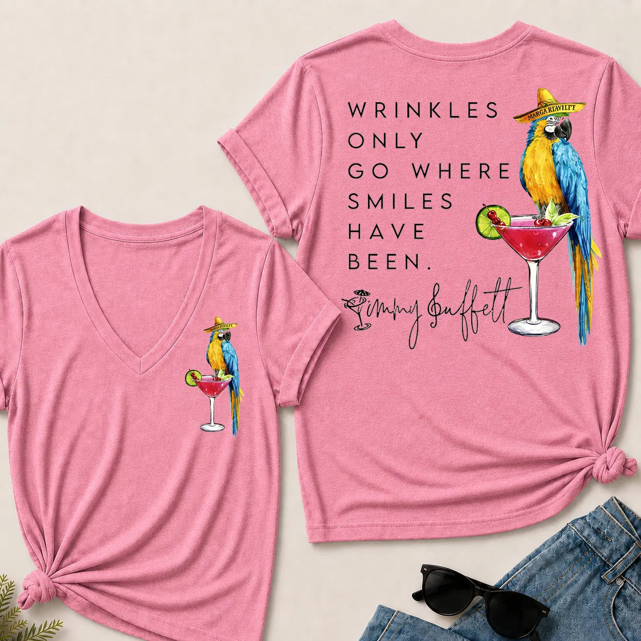 "Wrinkles Only Go Where Smiles Have Been" – Jimmy Buffett Tribute V-Neck Tee